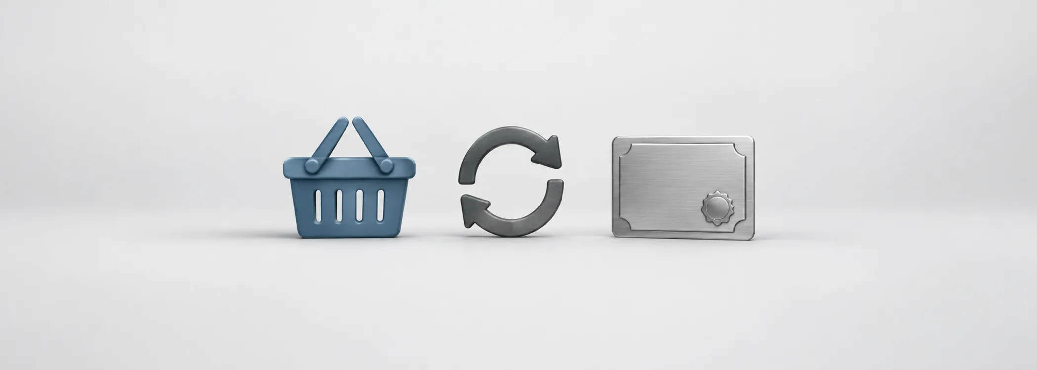 A steel-blue basket, graphite circular arrow and silver share certificate represent the exchange of assets for ETF shares.