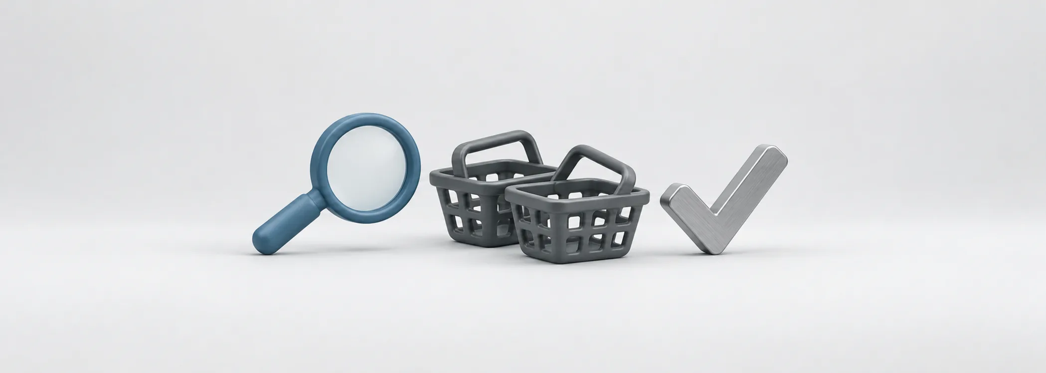 A steel-blue magnifying glass, overlapping graphite baskets and a silver checkmark represent inspecting funds before choosing.