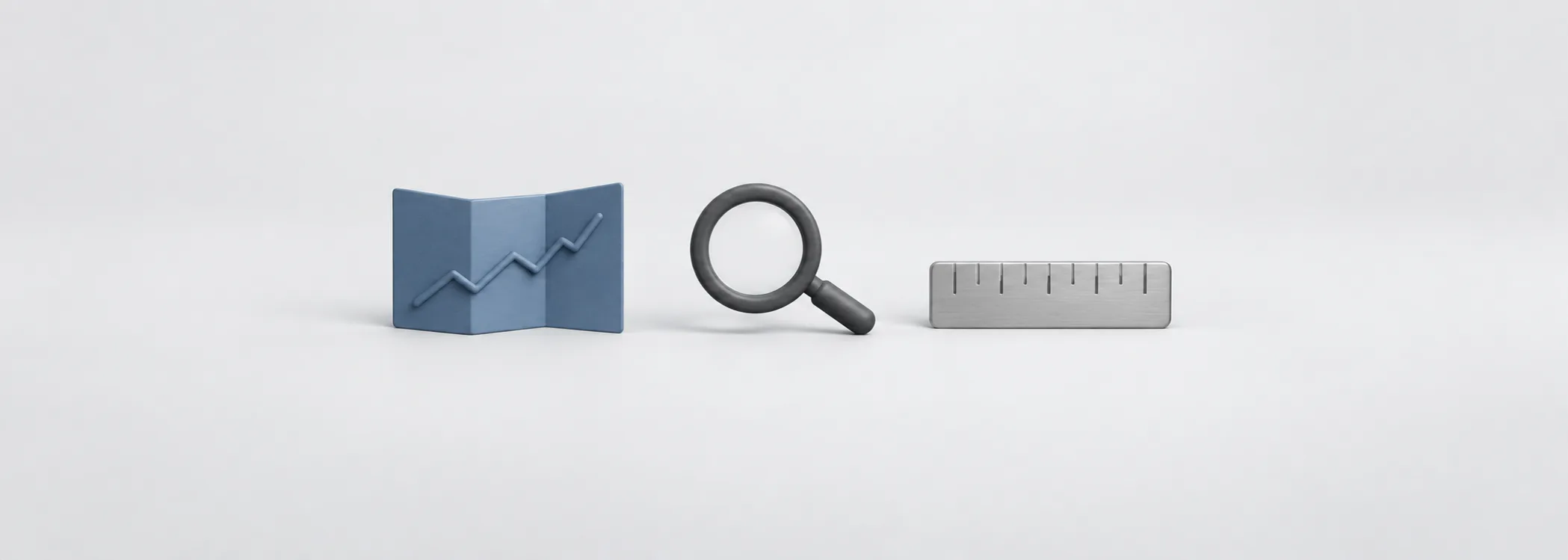 A steel-blue folded chart, graphite magnifying glass and silver ruler represent checking how a stock chart is drawn.