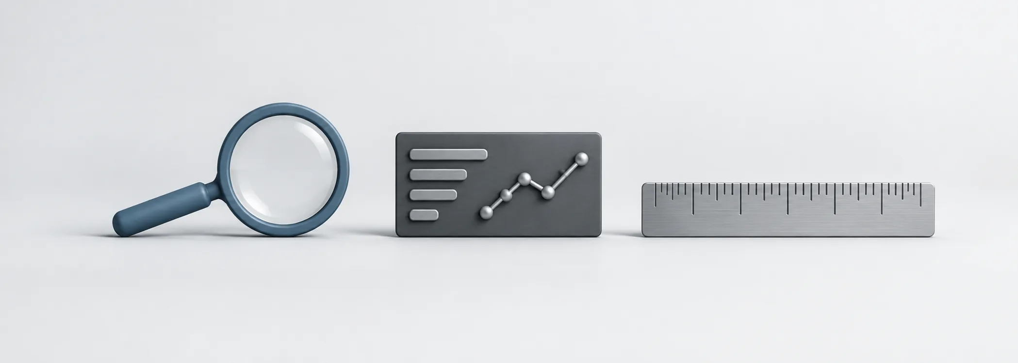 A steel-blue magnifying glass, graphite quote card and silver ruler represent inspecting stock prices and company size.