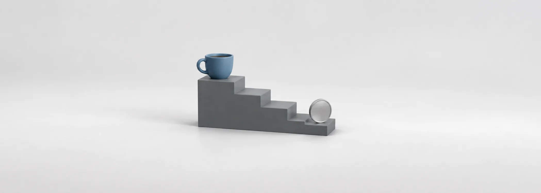 A blue coffee cup above descending graphite steps and a silver coin, representing the path from sales to profit.