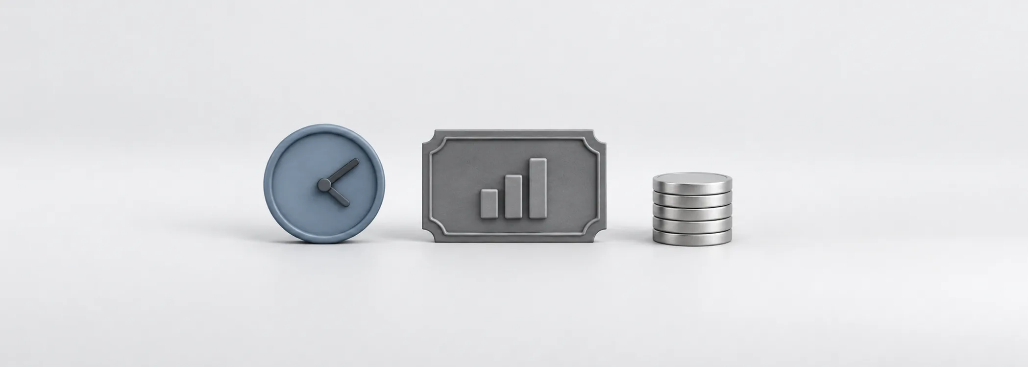 A steel-blue clock, graphite stock certificate and silver coins represent time, stock ownership and competing returns.