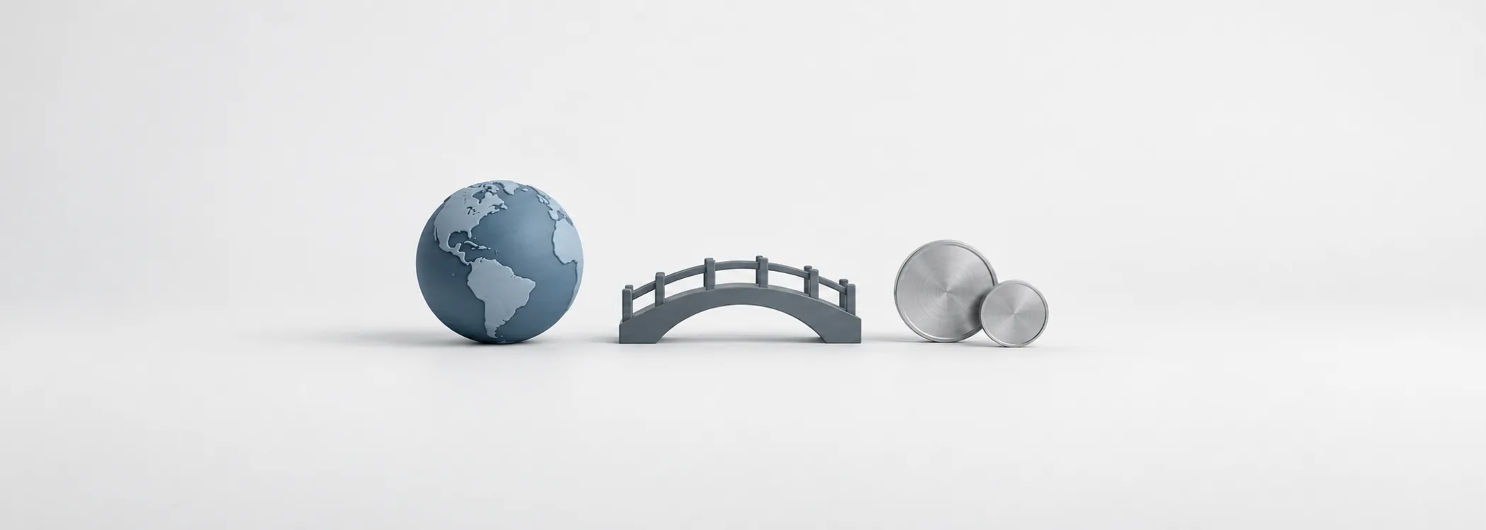 A steel-blue globe, graphite bridge and two silver coins represent investing across markets and currencies.