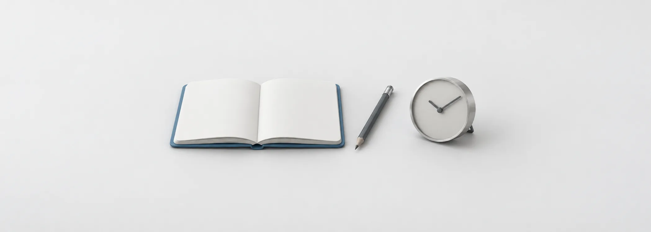An open steel-blue notebook, graphite pencil, and silver clock represent preserving a decision for later review.