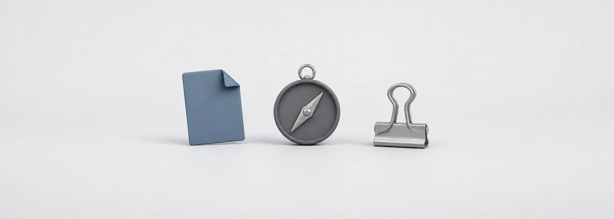 A blank steel-blue policy page, graphite compass and silver clip represent a written plan that guides investing decisions.