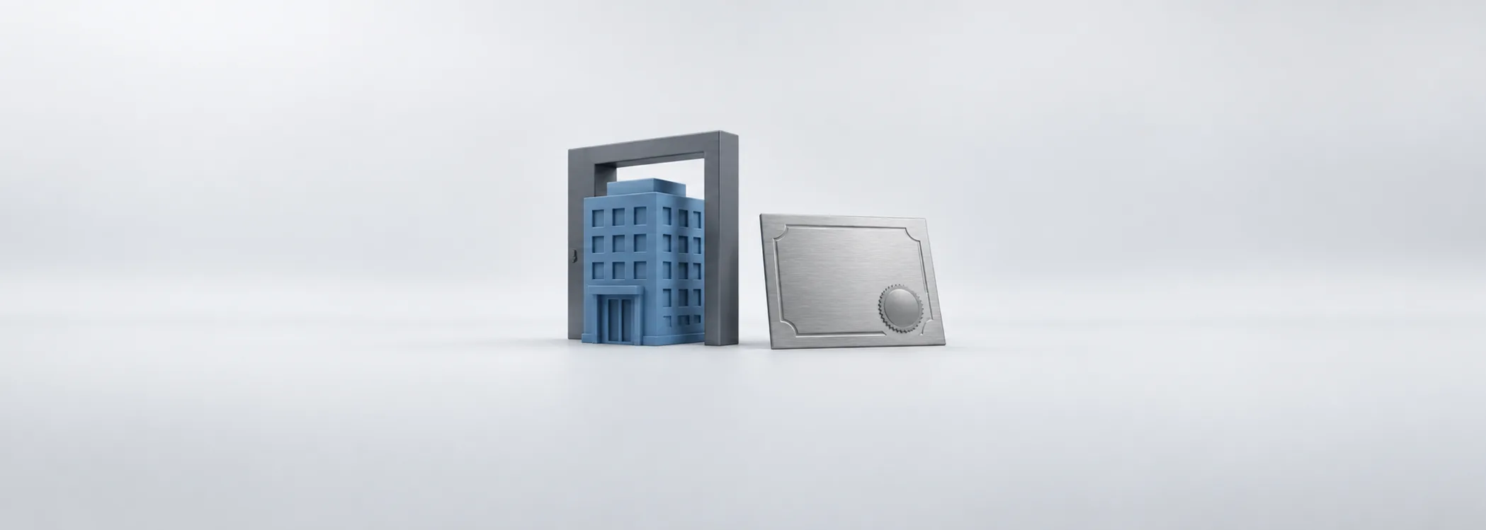 A steel-blue building passes through a graphite doorway beside a silver share certificate, representing a company going public.