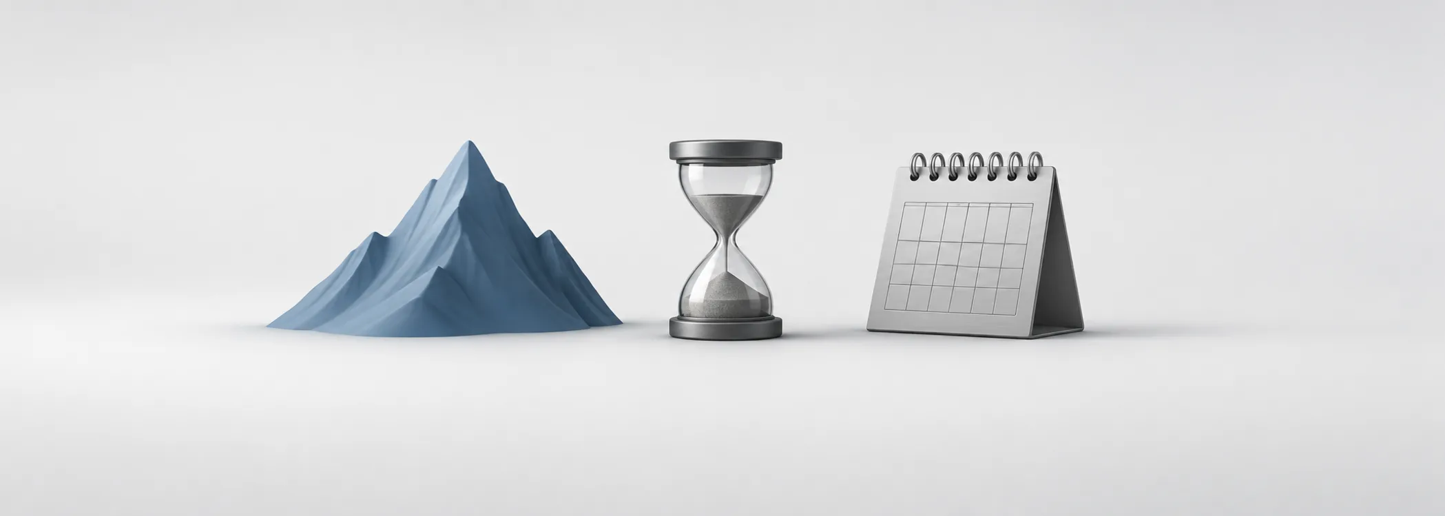 A steel-blue mountain, graphite hourglass and silver calendar represent a market peak and the long wait to regain it.