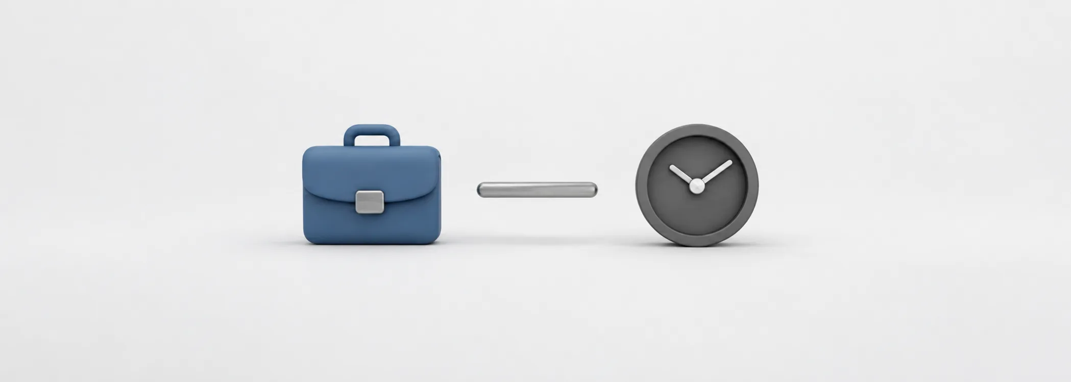 A steel-blue briefcase, a silver dividing bar and a graphite clock represent jobs, rates and working hours.