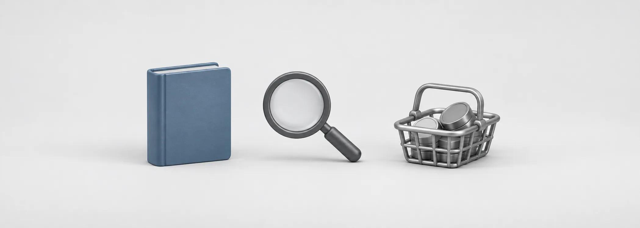A steel-blue book, graphite magnifying glass and silver basket of tokens represent study, research and broad ownership.