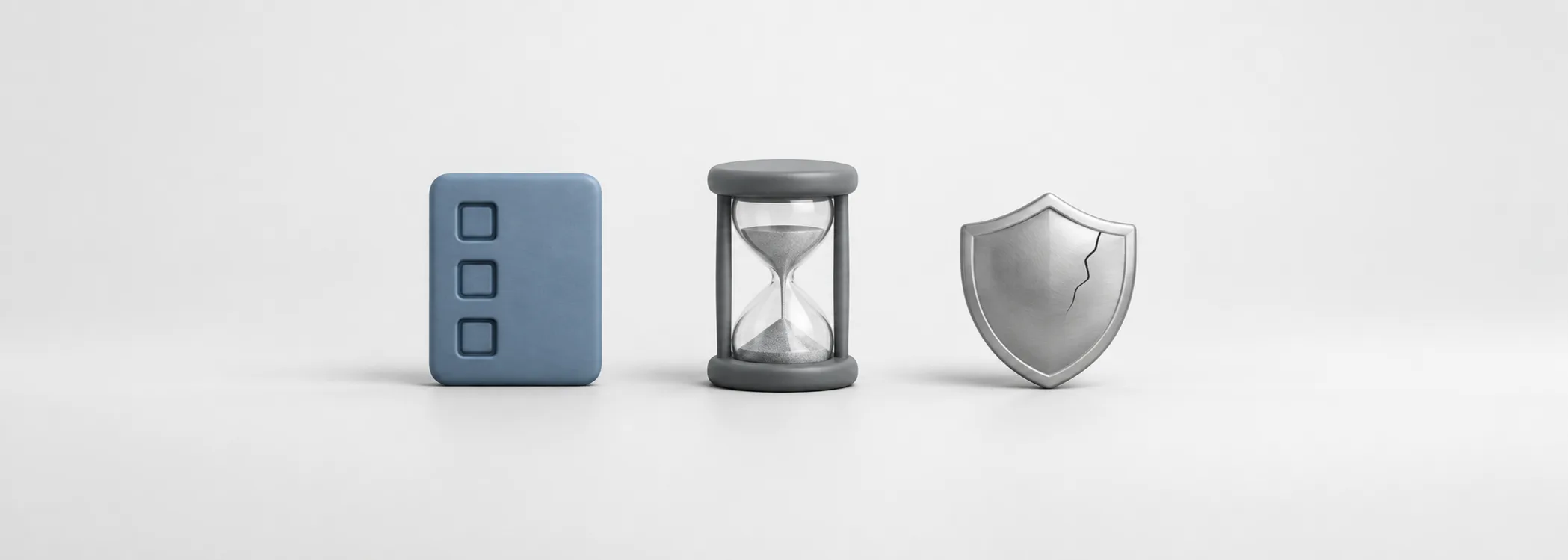 A steel-blue checklist, graphite hourglass and cracked silver shield represent checking a plan against losses and deadlines.