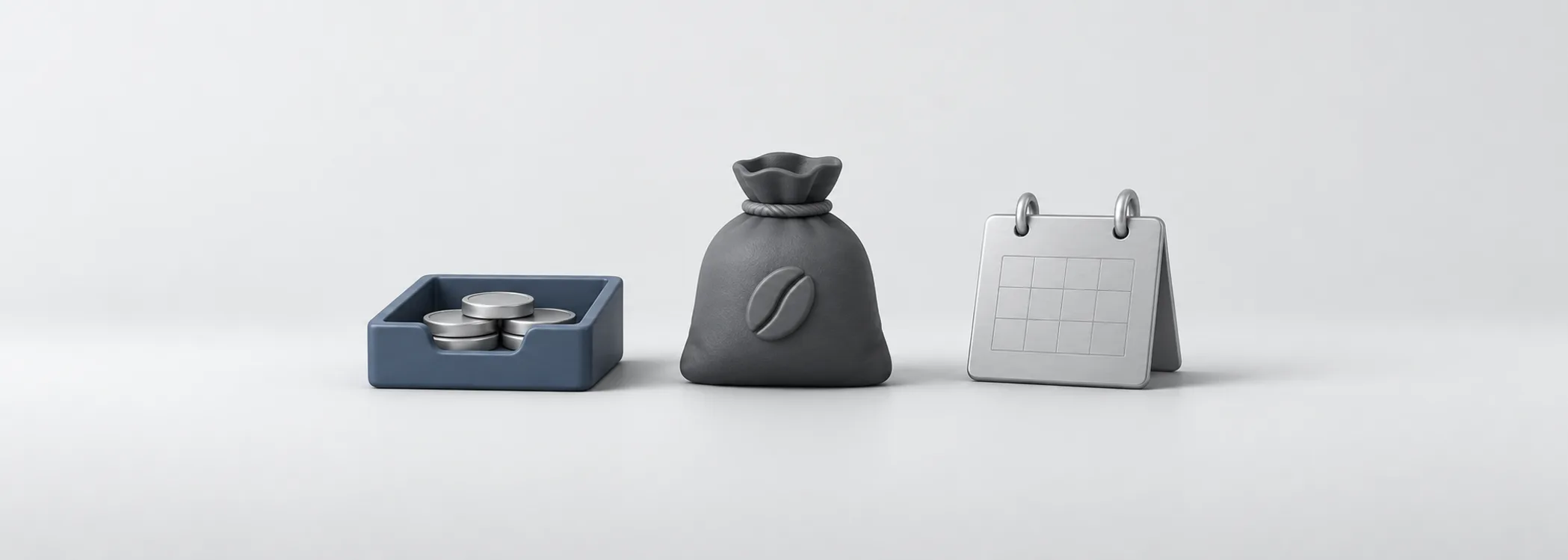 A blue cash tray, graphite coffee sack and silver calendar represent available money, inventory and payment dates.