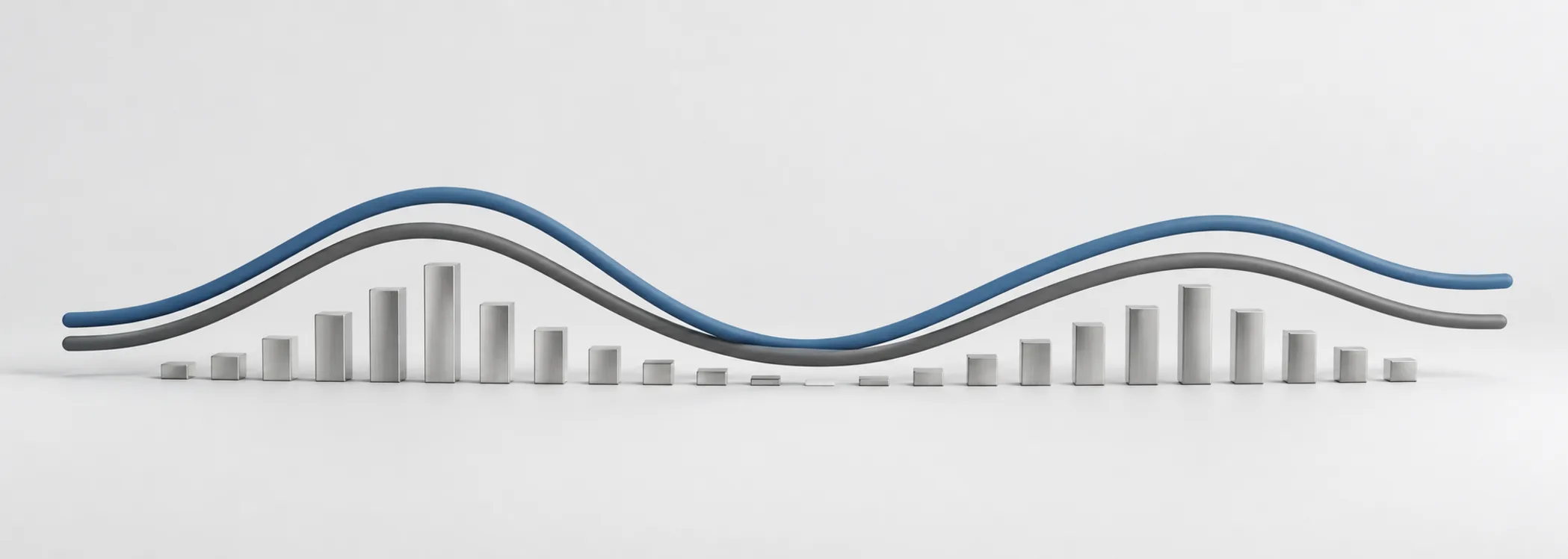 Steel-blue and graphite curved rails above short silver bars represent the MACD line, signal and histogram.