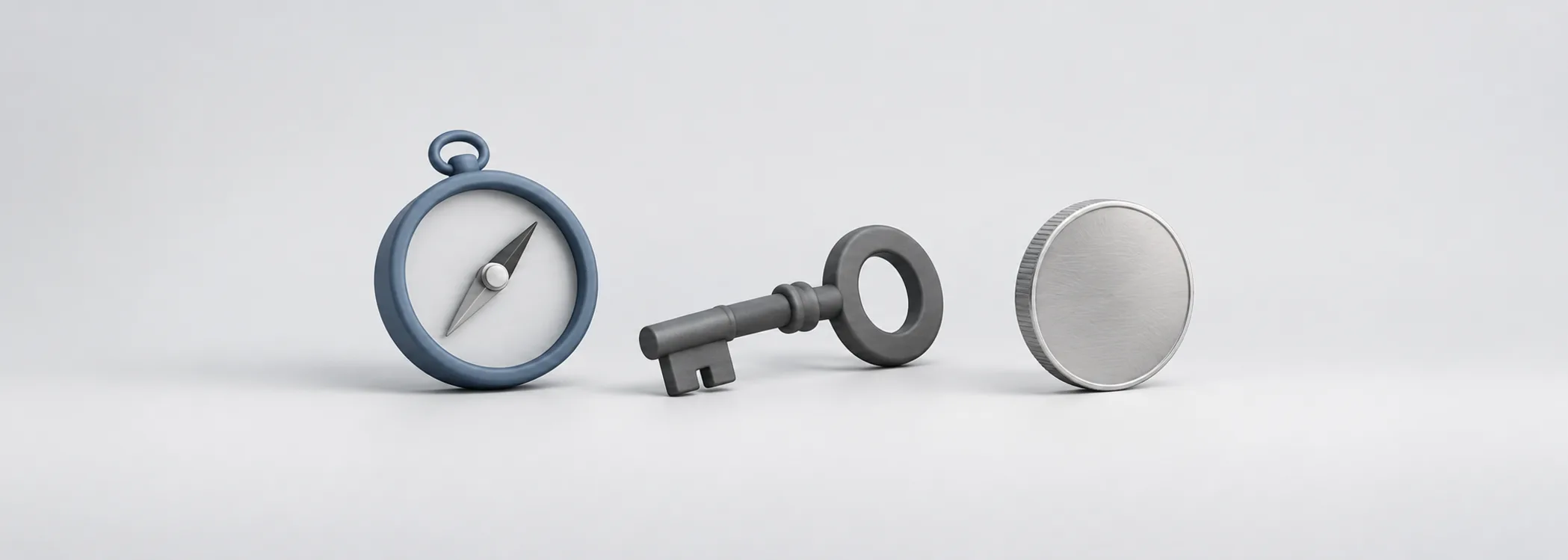 A steel-blue compass, graphite key and silver coin represent management direction, control and financial rewards.