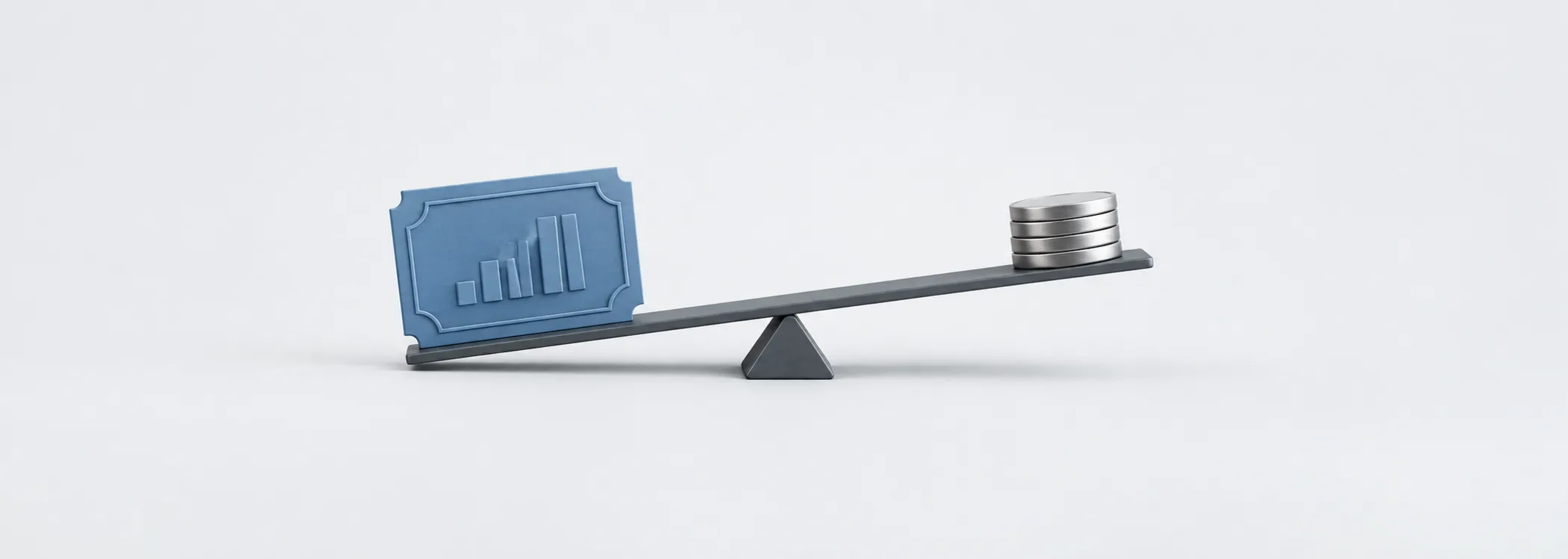 A steel-blue stock certificate on a graphite lever beside silver coins, representing borrowing to increase stock exposure.