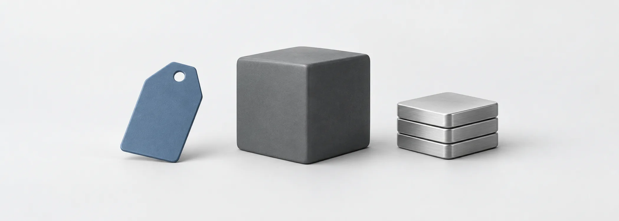 A small steel-blue price tag, a graphite cube and silver share tiles represent share price, company size and share count.