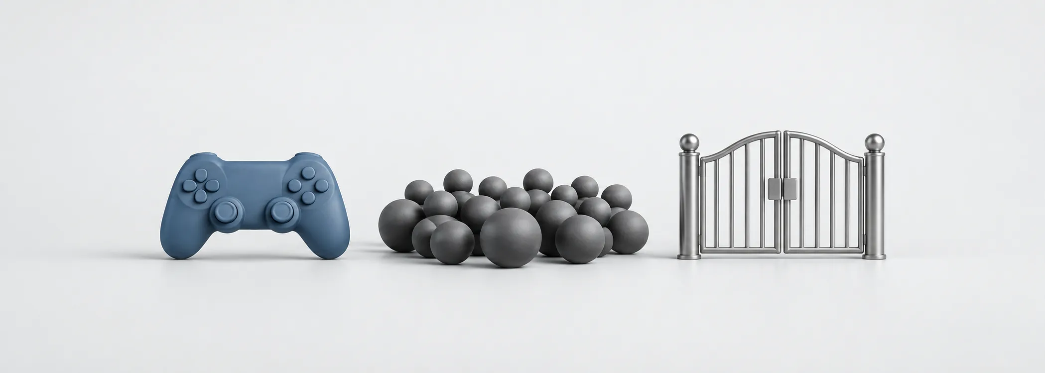 A steel-blue game controller, graphite spheres and a silver gate represent GameStop, crowd demand and restricted purchases.