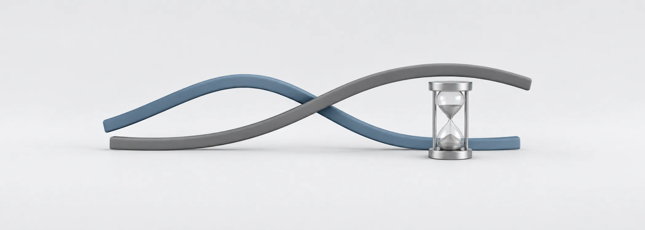 Steel-blue and graphite rails cross beside a silver hourglass, representing moving averages and their delay.