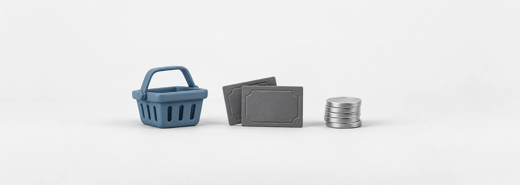 A steel-blue basket, two graphite share certificates and silver coins symbolize two ways to own a pooled portfolio.