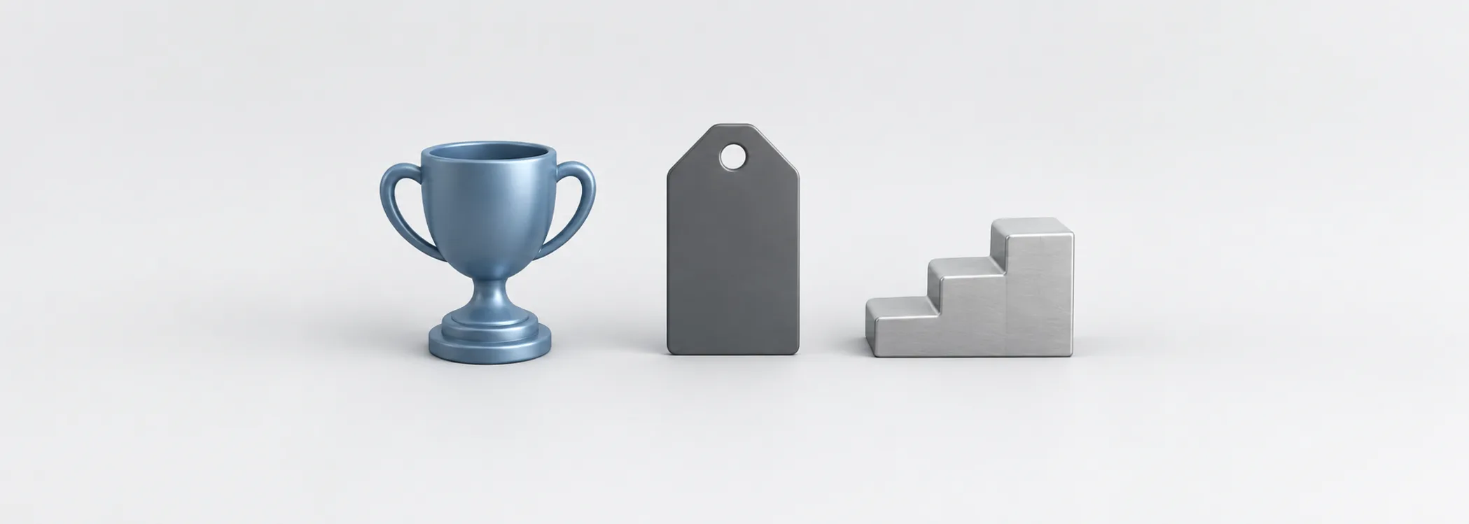 A steel blue trophy, tall graphite price tag and silver staircase represent business quality, purchase price and growth.
