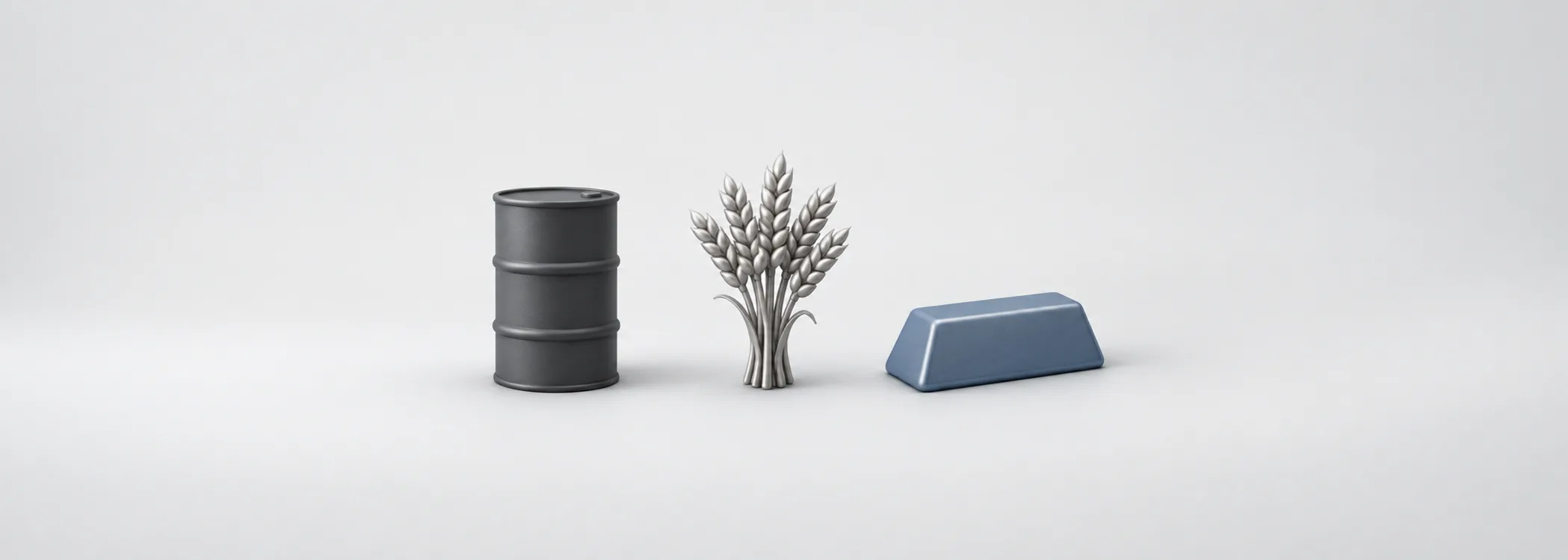 A graphite oil barrel, silver wheat bundle and steel-blue bullion bar represent energy, agriculture and precious metals.