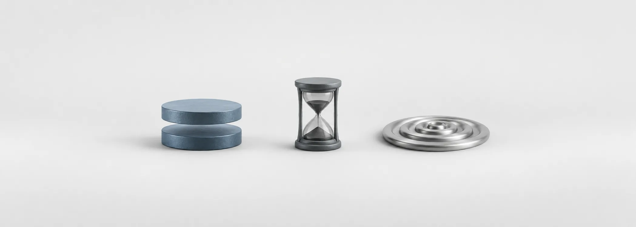 A steel blue coin split into layers, a graphite hourglass and a silver ripple ring represent an option's price, time and uncertainty.