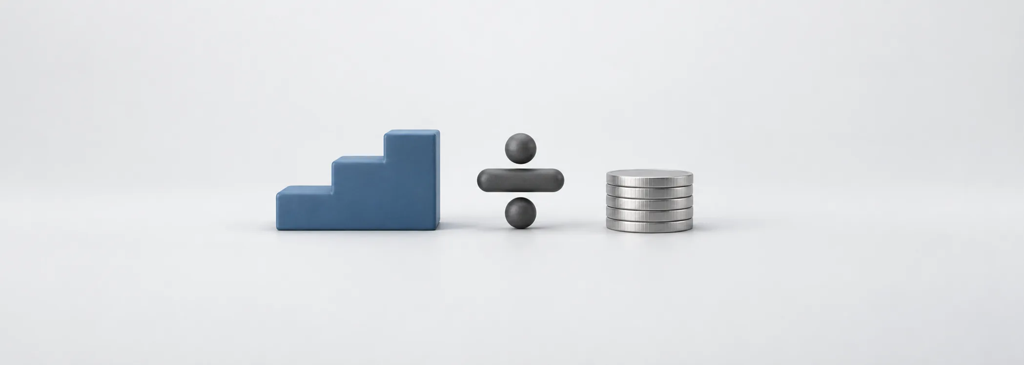 A steel-blue staircase, graphite division sign and silver coins connect the price of a stock with earnings growth.