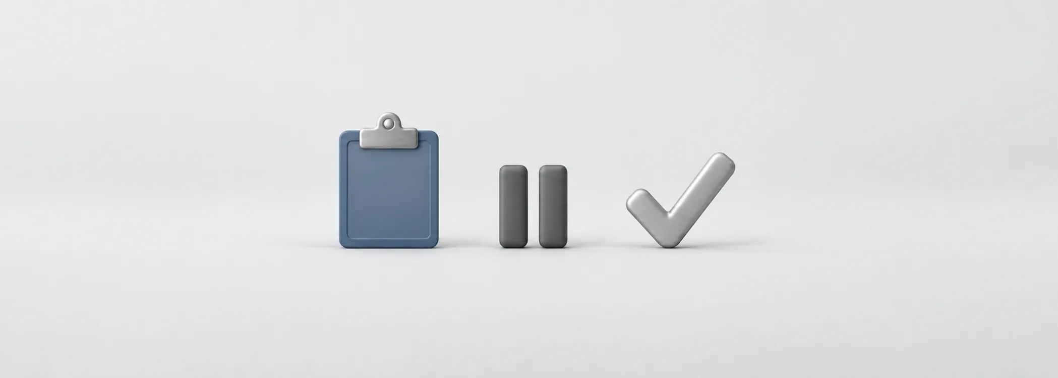 A steel-blue clipboard, graphite pause symbol and silver check mark represent reviewing a trade before deciding.