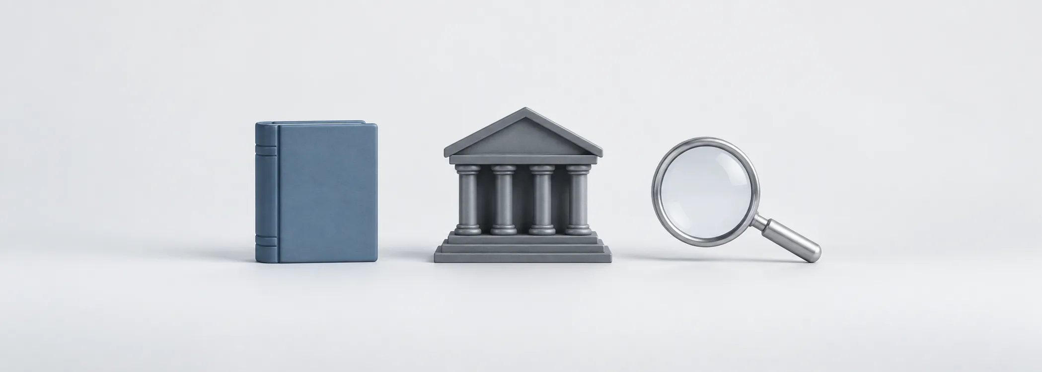 A steel-blue ledger, graphite bank and silver magnifying glass represent inspecting a bank's recorded value.