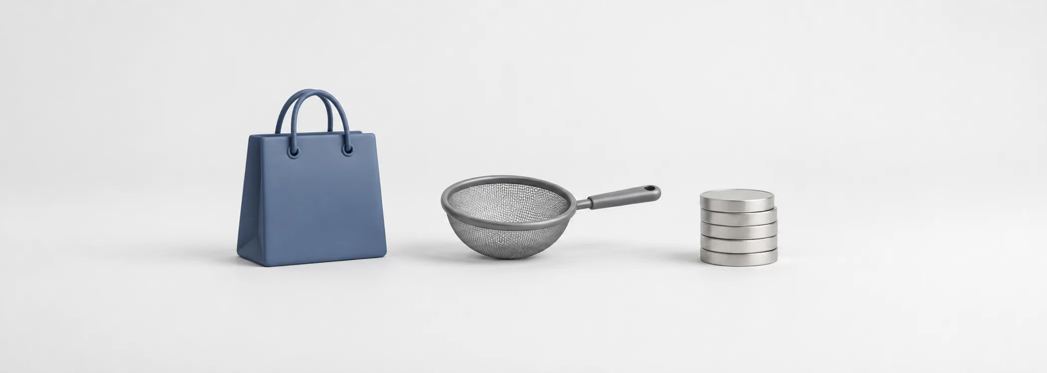 A steel-blue shopping bag, graphite sieve and silver coins represent sales passing through costs to reach owners.