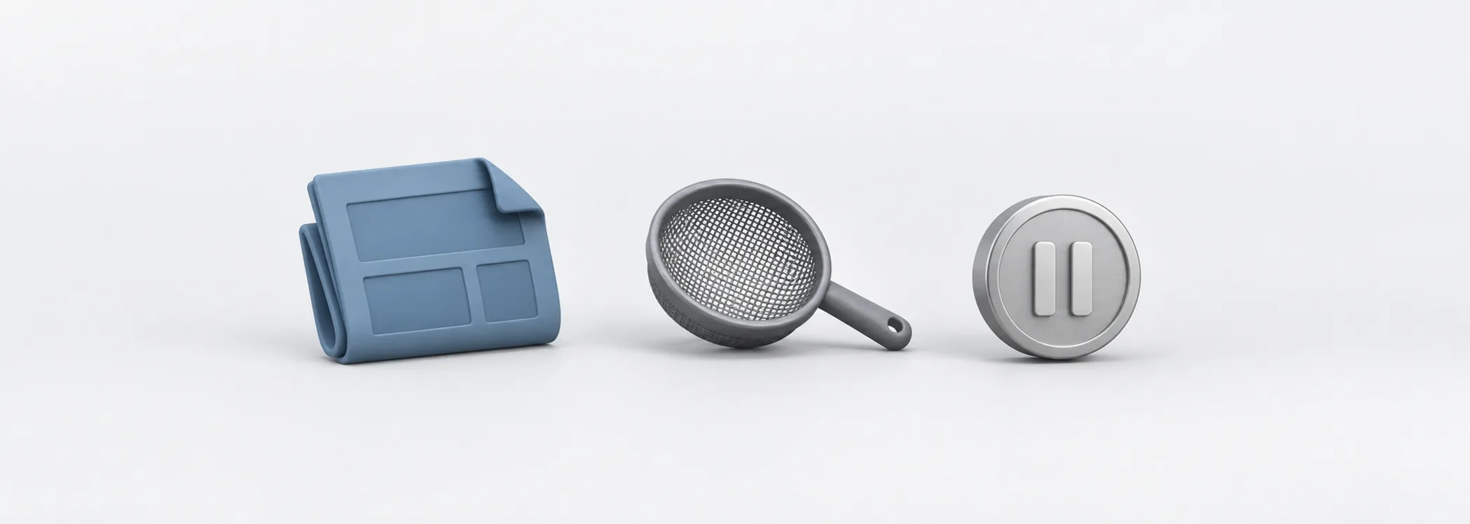 A steel-blue news sheet, graphite sieve and silver pause button represent filtering a headline before reacting.
