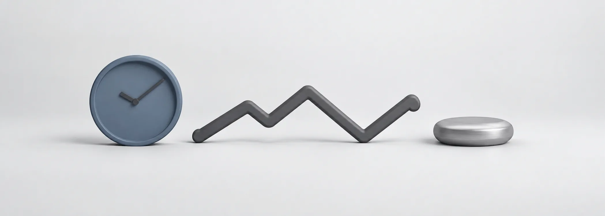 A steel-blue clock, graphite zigzag track and silver stepping stone represent deciding when to leave and re-enter the market.