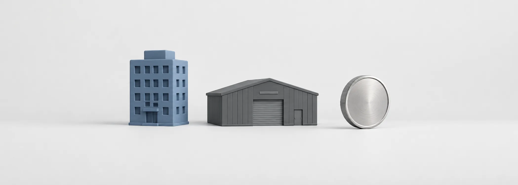 A steel-blue apartment block, graphite warehouse, and silver coin represent property businesses and the income they distribute.