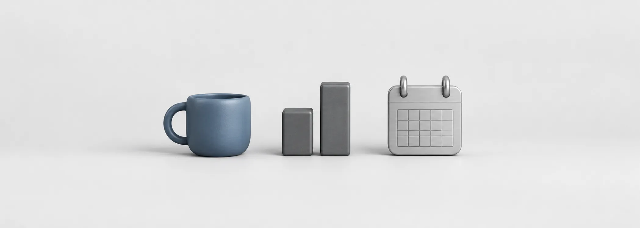 A blue coffee cup, rising graphite blocks and a silver calendar represent coffee sales growing across reporting periods.