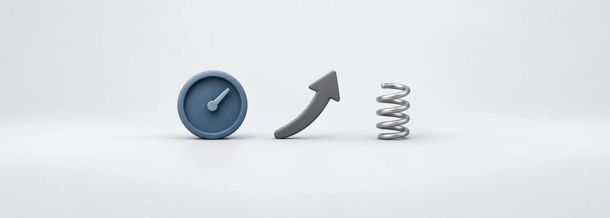 A steel-blue gauge, graphite curved arrow and silver spring represent momentum measured on a bounded scale.