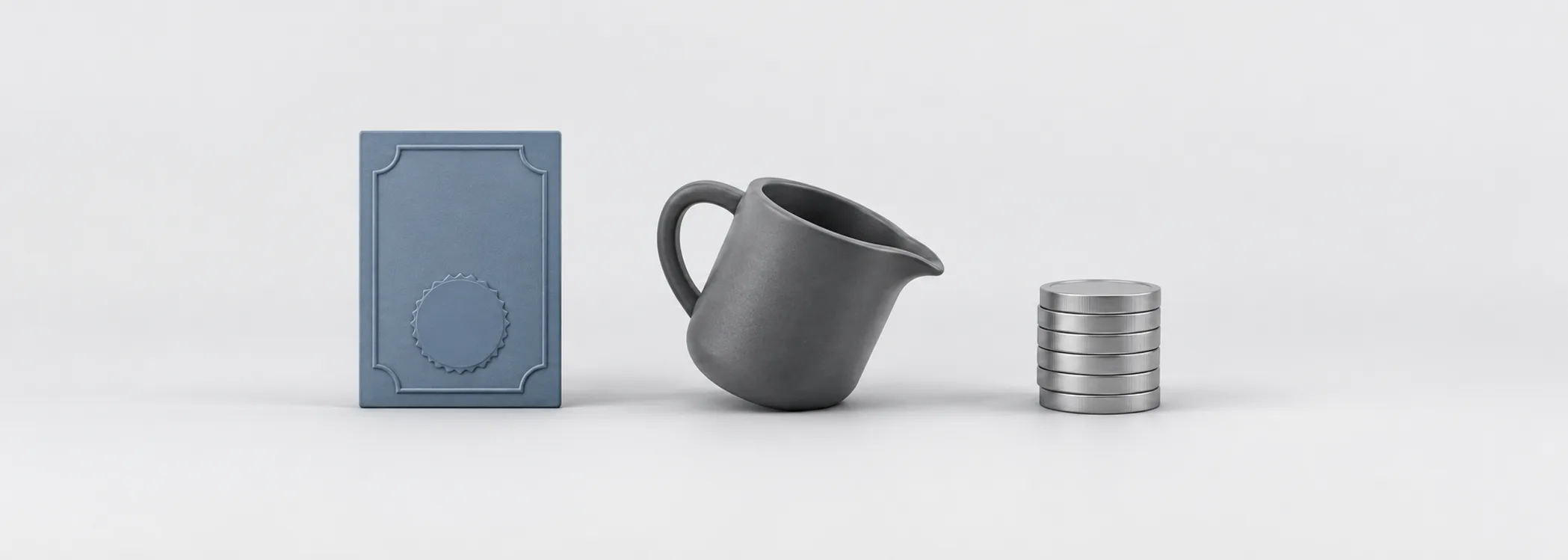 A steel-blue share certificate, graphite pouring vessel and silver coins represent shares and the cash raised by issuing them.