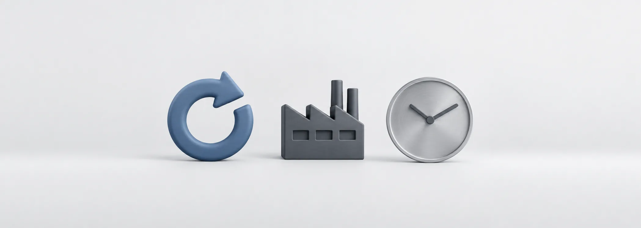 A steel-blue rotating ring, graphite factory, and unmarked silver clock represent shifting sector leadership and uncertain timing.