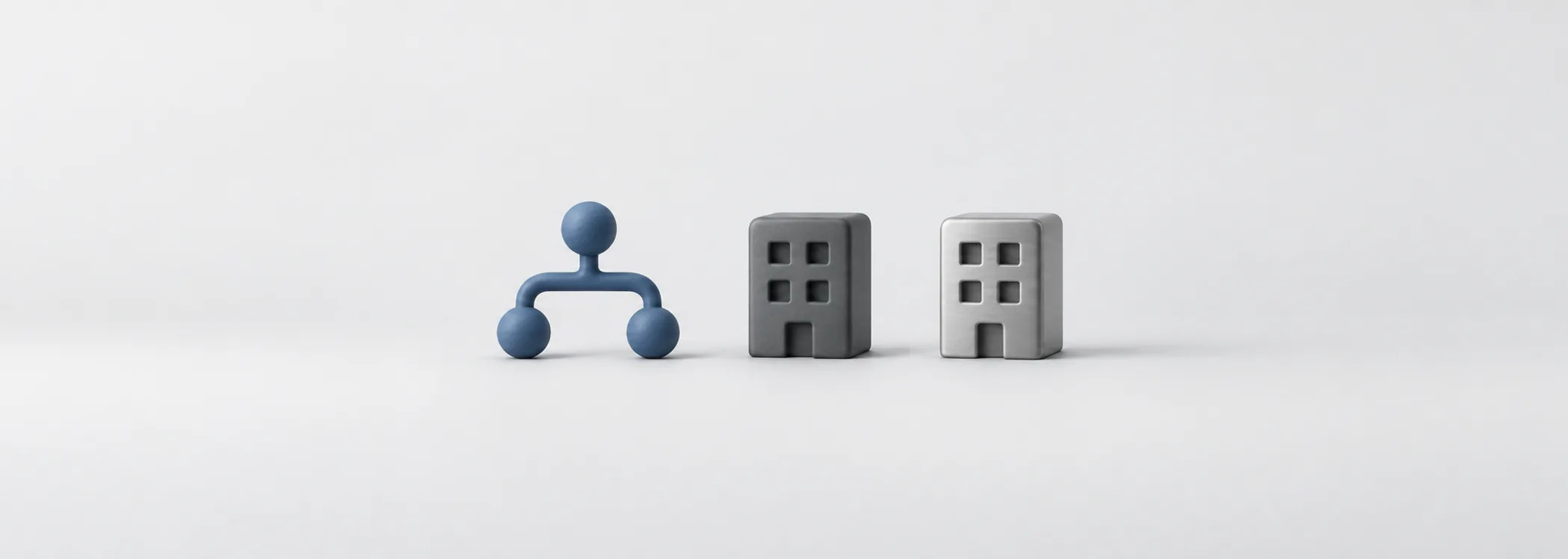 A steel-blue branching stem beside graphite and silver buildings, representing businesses grouped into sectors and industries.