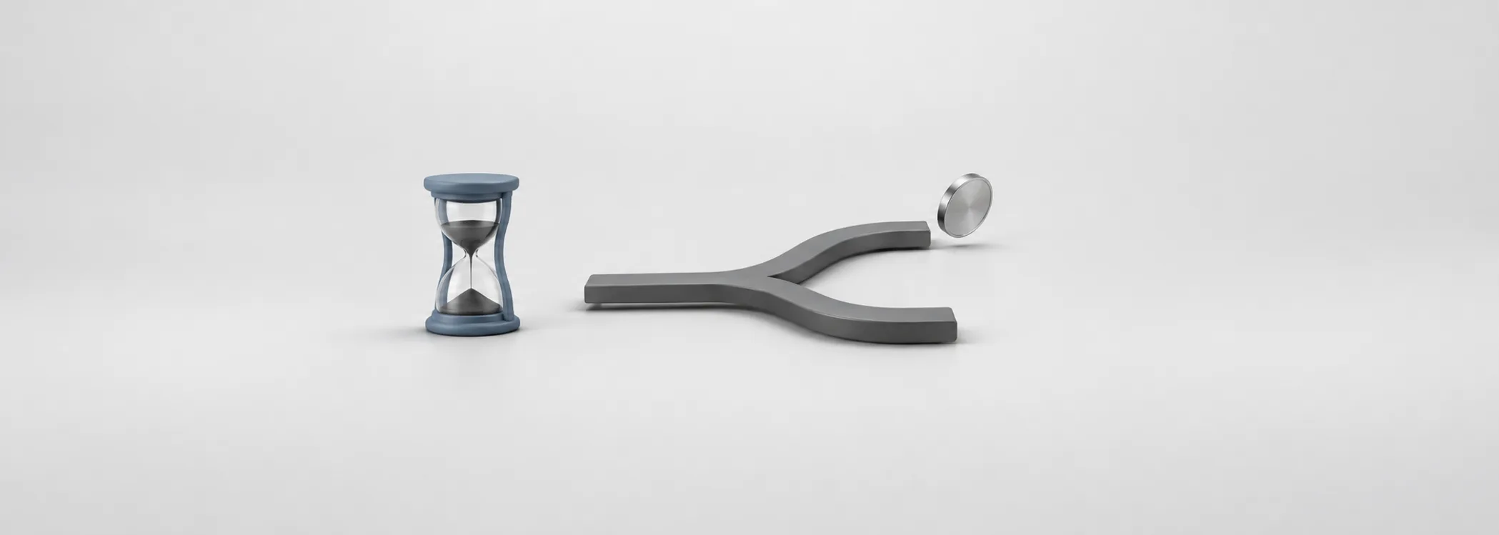A steel-blue hourglass beside a branching graphite track and a departing silver coin, representing timing and withdrawals.