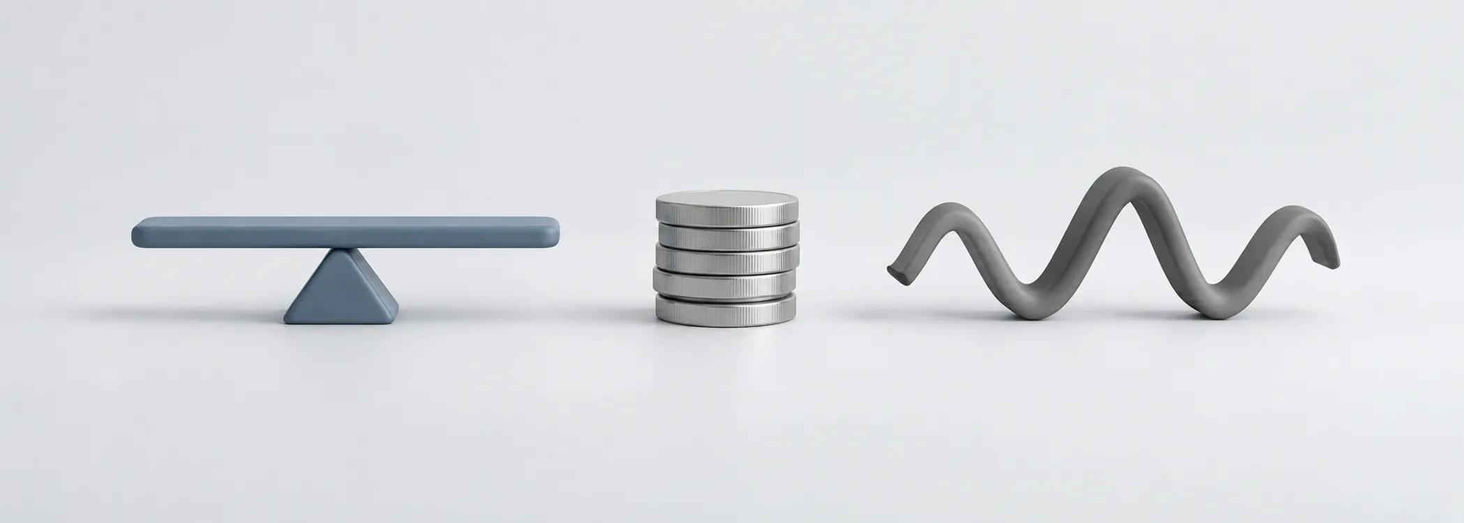 A steel-blue balance beam, silver coins and a graphite wave represent weighing returns against variability.