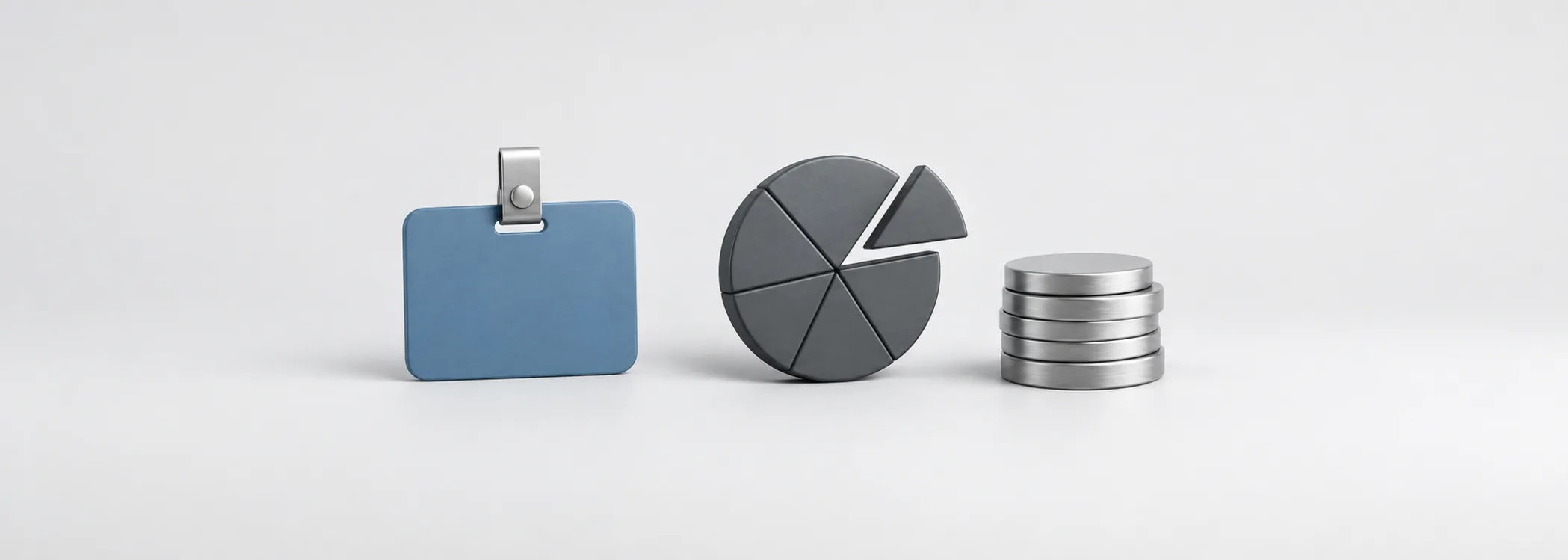 A blue employee badge, a sliced graphite share disc and silver coins represent paying staff with ownership.