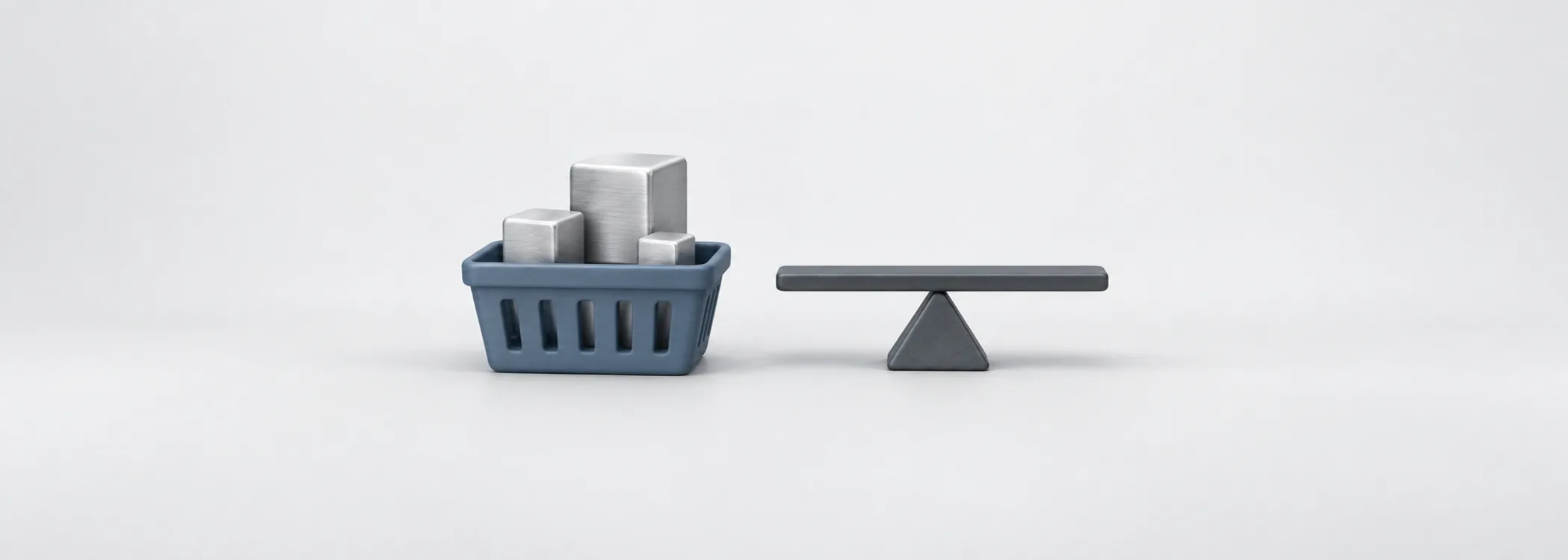 A steel-blue basket holds unequal silver blocks beside a graphite balance beam, representing index members and their weights.