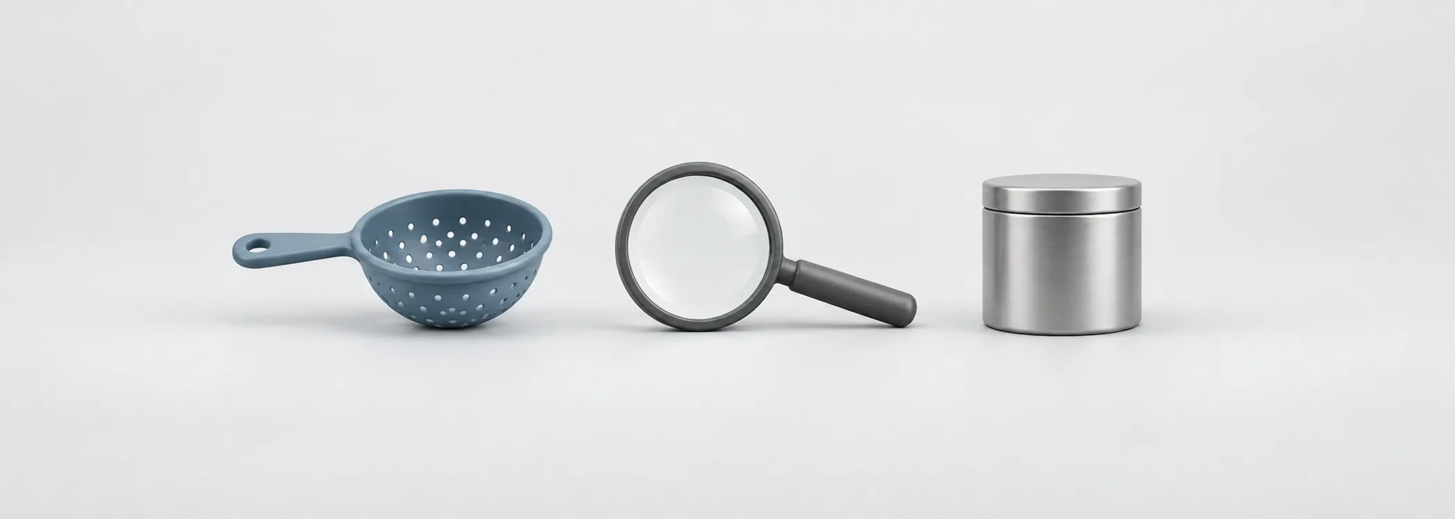 A steel-blue sieve, graphite magnifying glass and silver coffee tin represent filtering stocks before researching a business.