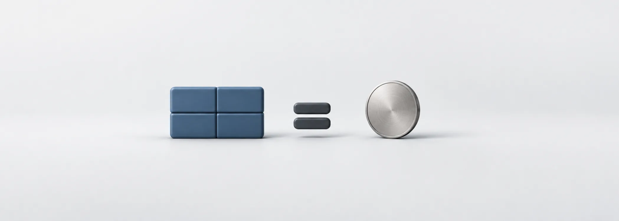 A steel-blue slab divided into tiles beside a graphite equal sign and a silver coin, showing more pieces with the same value.
