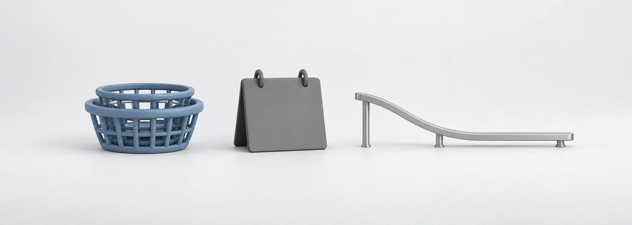 Nested steel-blue baskets, a graphite calendar and a silver sloping rail represent packaged investments and a glide path.