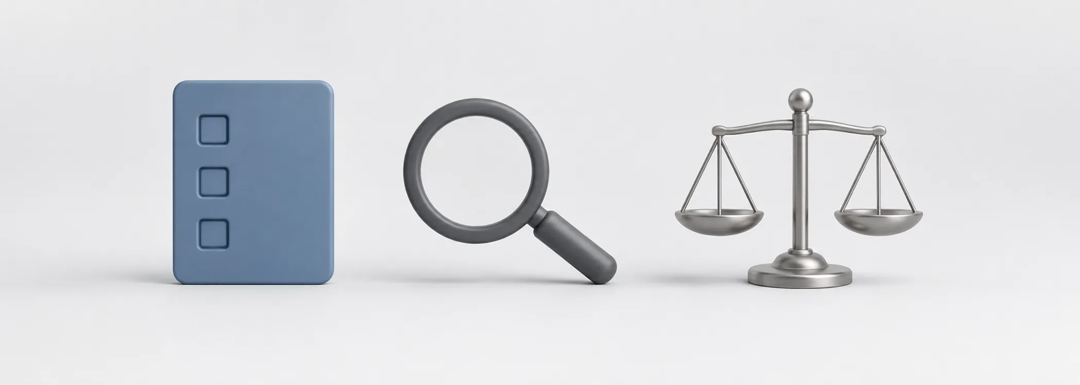 A steel-blue checklist board, graphite magnifying glass and silver balance represent checking evidence before judging a stock.