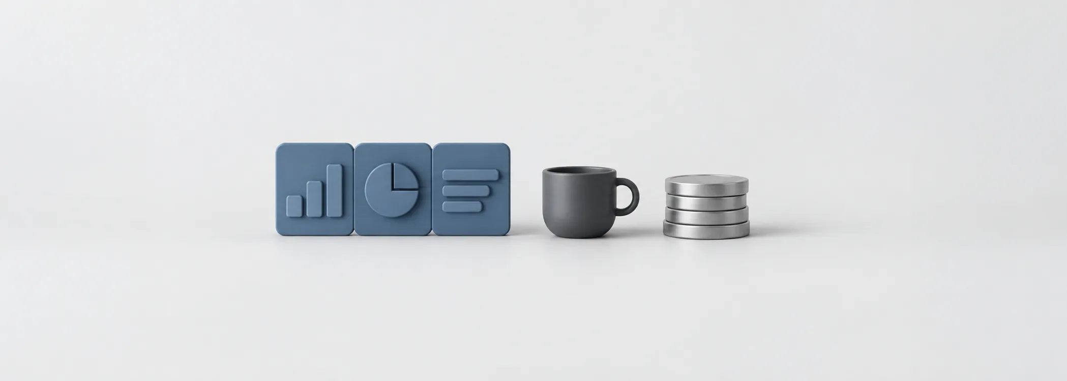 Three blue report tiles beside a graphite coffee cup and silver coins, representing connected company accounts.