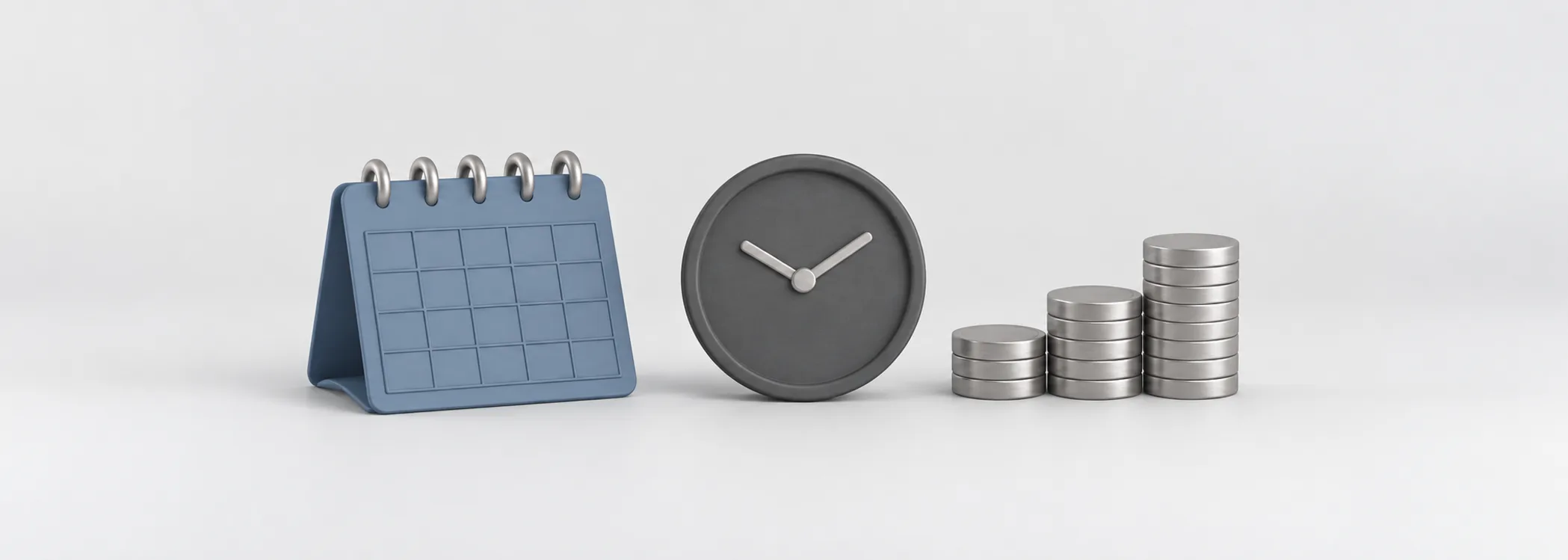 A steel-blue calendar, graphite clock and silver coins represent the different deadlines attached to your money.