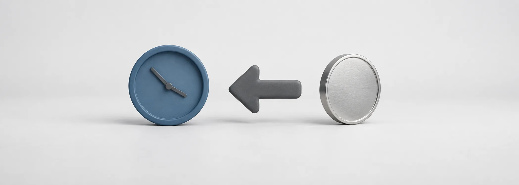 A steel-blue clock, a graphite backward arrow and a silver coin represent bringing future money back to the present.