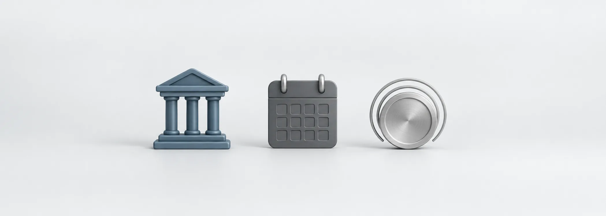 A steel-blue columned building, graphite calendar and expanding silver coin represent Treasury backing, time and inflation.