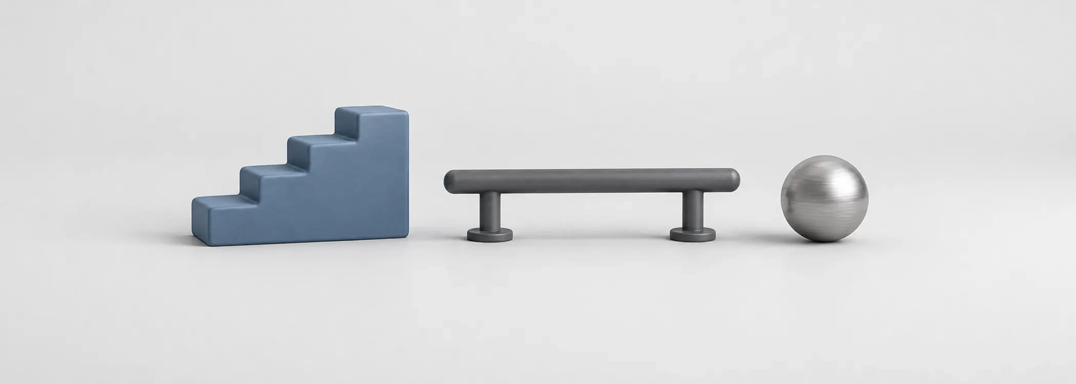A steel-blue staircase, graphite rail and silver ball suggest rising prices and the limits of a chart's support line.